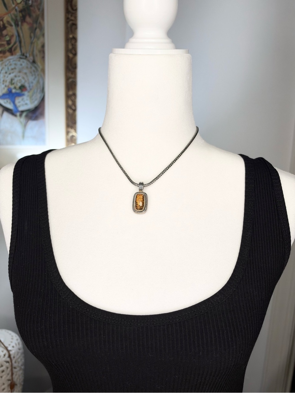 Silver Tone Amber Cognac Cabochon Pendant Necklace Wheat Spiga Chain 18-23”